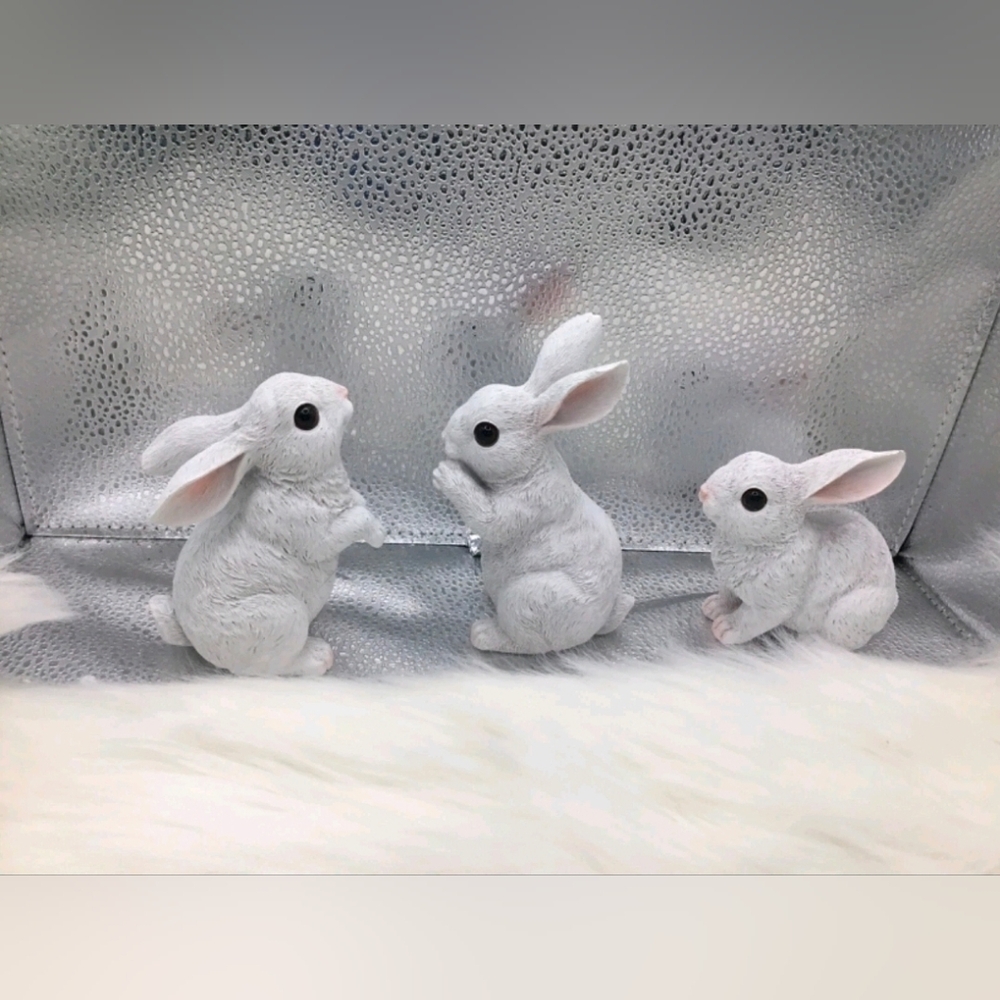 Hodao White Easter Decor Resin Bunny Rabbits 3 Piece Set